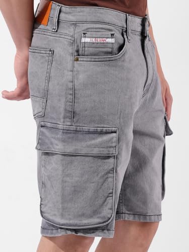 The Indian Garage Co Men Relaxed Fit Printed Mid Rise Denim Shorts (Grey_32)