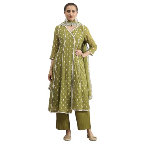 Biba Women Mehandi Green Chanderi Kalidar Dyed Suit Set_32