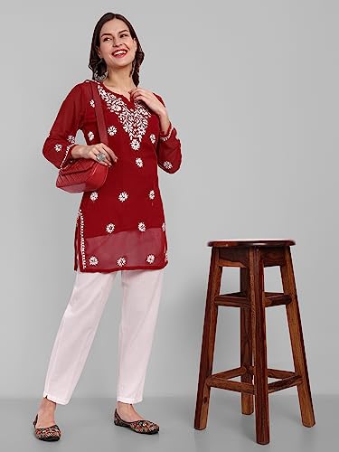 Ada Hand Embroidered Lucknow Chikankari Red Georgette Short Top Tunic Kurti for Women A911354 (3XL)