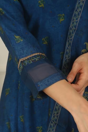 W for Woman Blue Floral Printed Embroidered Flared Kurta, Pants and Dupatta Set (Size: XL)-WS12127-124234