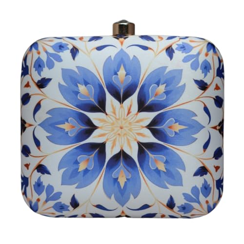 Artklim White And Blue Printed Clutch