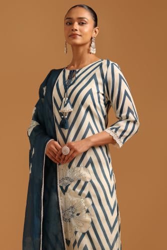Soch Womens Teal Cotton Blend Printed Chevrons Machine Weave Sequence Work Salwar Suit