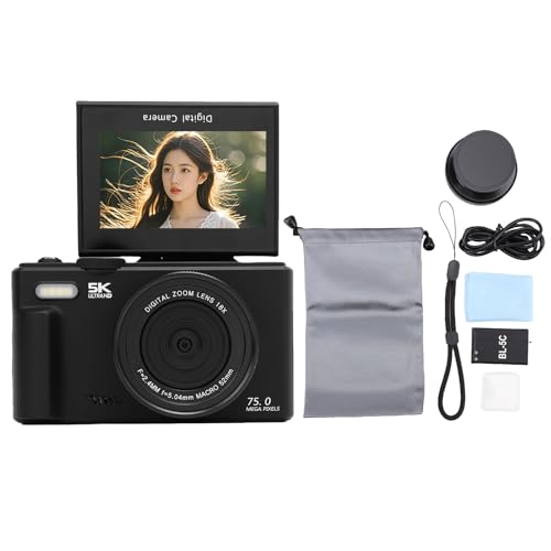 YUEHISY Digital Camera, 5K 75MP WiFi Selfie Travel Camera with 3" 180 Flip Screen, 18X Zoom, Macro Wide Angle Lens, 32GB Memory Card, for Photography (Black)