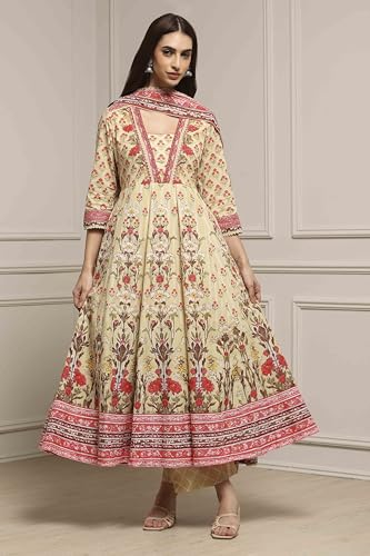 Biba Women Off White-Pink Cotton Anarkali Printed Suit Set_32