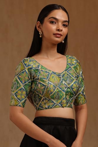 Soch Womens Green Satin Ethnic Motif Padded Blouse with Sequins