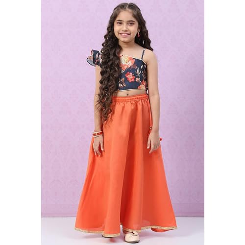 BIBA Girls Polyester Blend Short Kurta Printed Lehenga Set (KW5036EAW22PCH_Pink_14 Years-15 Years)