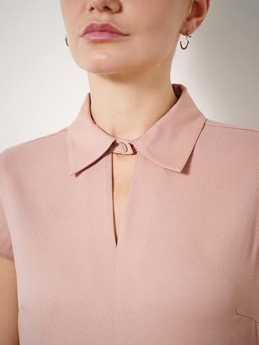 FableStreet Women Dress Workwear | Fit & Flare Shirt Collar Cap Sleeve Solid Shirt Dress | Smooth Stretchable Fabric with Belt & Pockets for Work Pink