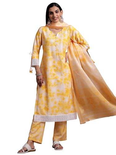 Libas Womens Embroidered Cotton Blend Straight Kurta With Palazzos and Dupatta