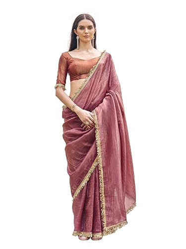 Womanista Women's Organza Solid Embellished Lace Saree With Un-Stitched Blouse, Pink