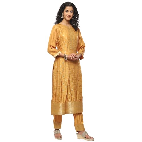 BIBA Women YARNDYED STRAIGHT SALWAR KURTA DUPATTA(SKD9645_MUSTARD_34)