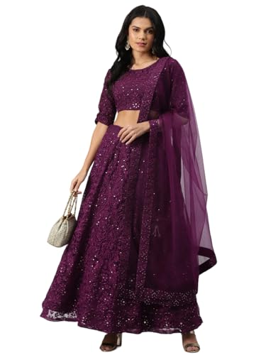 Zeel Clothing Womens Thread Sequins Embroidery Soft Net Semi-stitched Lehenga Choli Set With Dupatta (6017-Purple-Wedding-Stylish-Latest; Free Size)