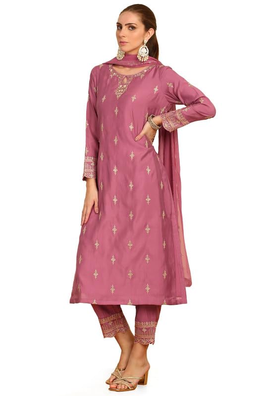 Soch Womens Onion Pink Ethnic Motifs Embroidered Chanderi Suit Set