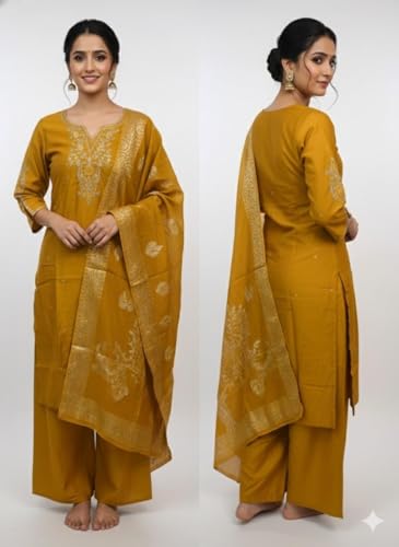Paridhaan Elegance Traditional Mustard Yellow Embroidered Cotton Palazzo Suit Set with Matching Dupatta, Gold Floral Design Ethnic Wear for Women (IN, Alpha, L, Regular, Yellow)