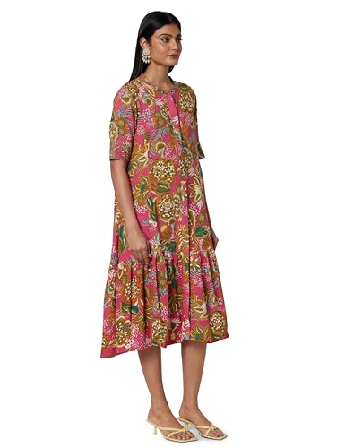 BIBA Women Printed Straight Calf Length Mix and Match Dress(Casual D2162_Fuchsia_40), 2XL
