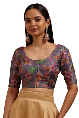 Soch Womens Blue Tissue Floral Print Padded Blouse with Sequins