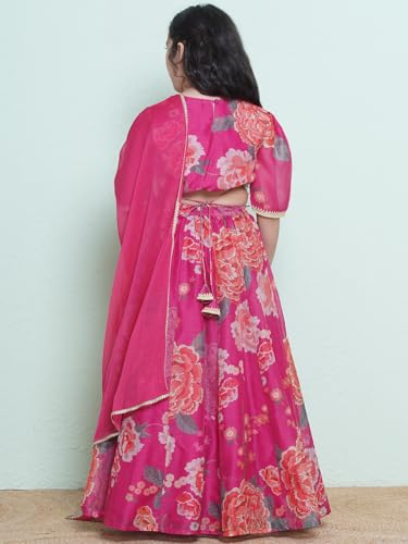 Bitiya by Bhama Girls Pink & Green Multi Printededed Ready to wear Lehenga & Choli with Dupatta