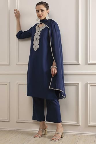 Biba Women Blue Cotton Straight Dyed Suit Set_40