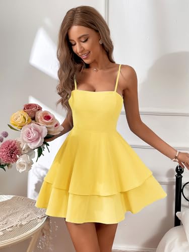 Marivoné® Women Backless Bow-Tie Mini Dress | Sleeveless Spaghetti Strap Solid Color Slim-Fit Summer Dress Yellow