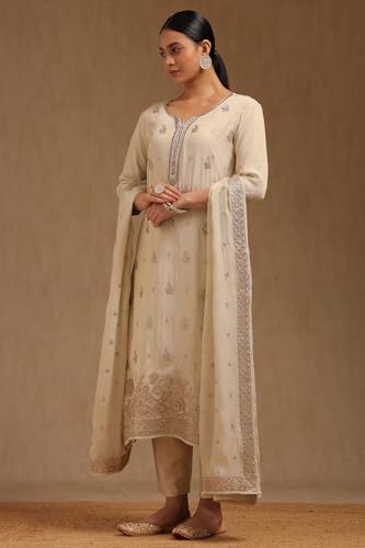 Soch Womens Off White Tissue Embroidered Suit Set With With Beads and Stones