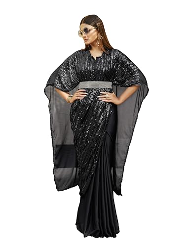 Womanista Women's Belted Satin Kaftan Black Saree With Un-stitched blouse