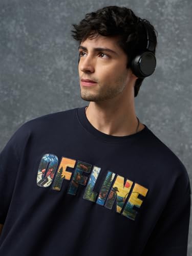 The Souled Store Oversized T-Shirt: Offline Men and Boys Short Sleeve Round Neck Navy Blue Graphic Printed Casual Lightweight Drop Shoulder Streetwear Trendy Oversized T-Shirts