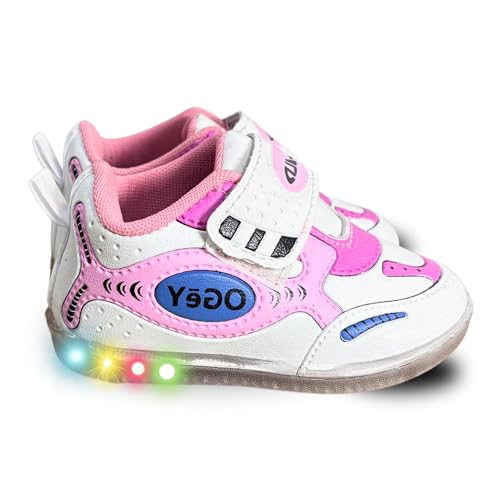 Gigahertz Light-Up Toddler Sneakers for Girls – Pink & White LED Shoes with Velcro Strap | Comfortable Non-Slip Kids Running Shoes (PINK, UK Footwear Size System, Toddler, Age Range, Medium, 6 Months, 9 Months)