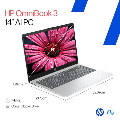 HP OmniBook 3 AMD Ryzen AI 5 340 Next Gen AI Laptop, (16GB LPDDR5X,512GB SSD), Anti-Glare,14''/35.6cm FHD,Win11,Office24, Silver,1.47kg, FHD Camera w/Privacy Shutter, Backlit, ha0000AU
