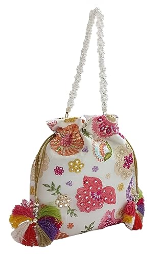 DUCHESS Women's Embroidered Polti Bag with Pearl Handle and Tassel - Bridal Ethnic Traditional Casual Purse/Clutch/Handbag, (21 L X 2 W X 23 H C, Multi)