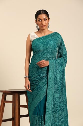 MOHEY Women's Georgette Embroidered Rhinestone Embellished Saree(Green)