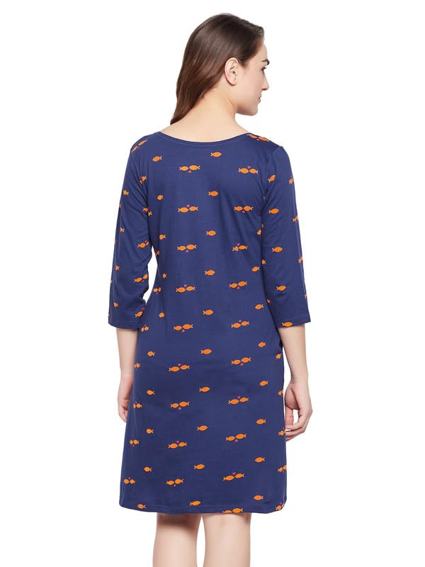 Clovia Women's Cotton Printed Short Night Dress with Pocket (NS6489D08_Navy Blue_M)