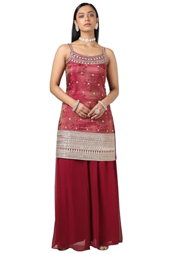 Soch Womens Magenta Tissue Embroidered Suit Set With Sequins