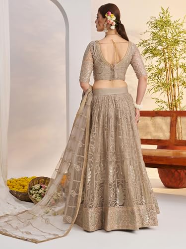 Zeel Clothing Women's Cotton Thread Sequins Work Embroidery Soft Net Lehenga Choli With Dupatta (NFH-2150-Matellic-Grey-Lehenga-Choli; Free size) (Matellic Grey)