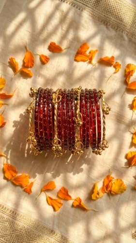 Kashmiri Ghangharoo Glass Bangles Set for Women | Light Weight Bangles | Traditional Transparent Fancy Glass Chudi Set for Wedding, Party(Set Of 16) Mahroon colour