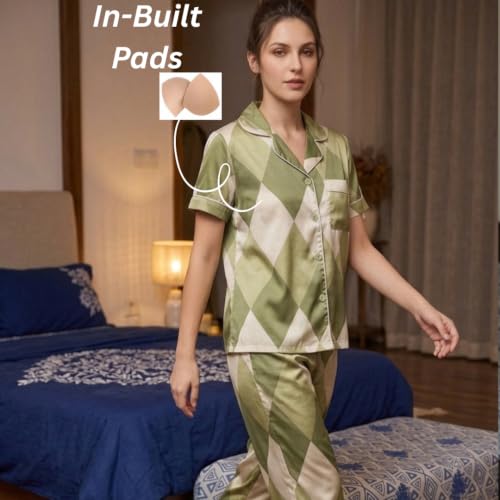 NoHook Korean Style Chest Padded Nightsuit for Women | Modal Silk Button-Down Nightwear Set | Green Diamond Print Co-ord Sleepwear, S