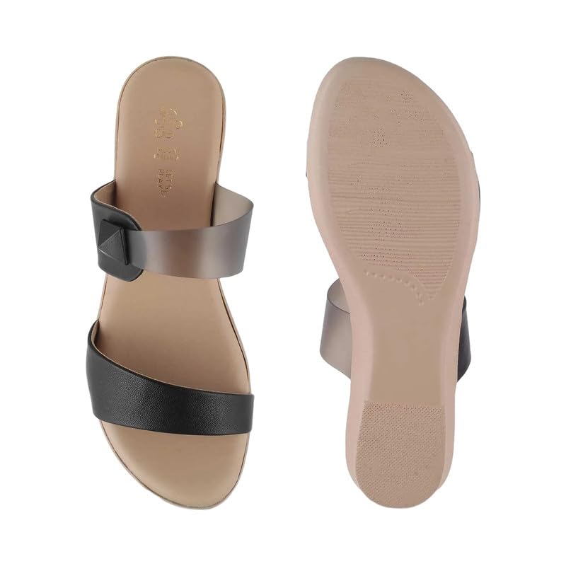 tresmode VIOS Women's Black Vegan Leather Wedge Sandals in Size 8 UK / 41 EU