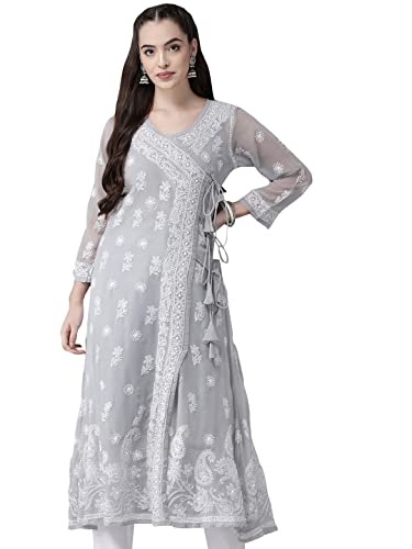 Ada Traditional Chikan Embroidery Angrakha Style Grey Georgette Kurti Kurta with Slip for Women & Girls A411262 (XS)