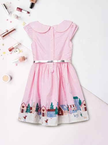 Max Girls Printed Dress with Belt (Pink_6-8 Y)