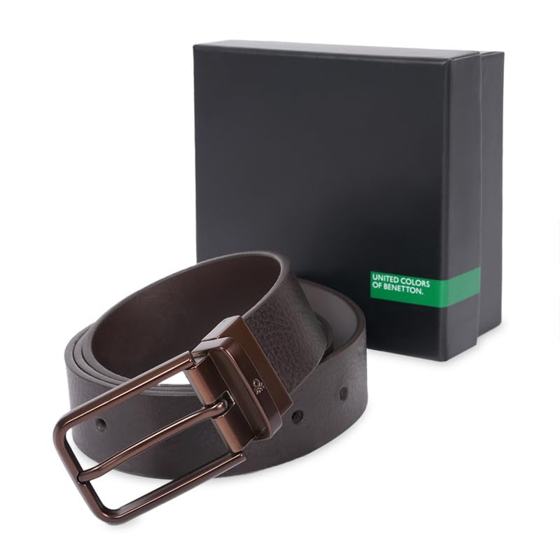 UNITED COLORS OF BENETTON Brown & Brown Men Leather Reversible Belt - Houten, S 80Cm | Pin Closure | Formal Wearability | 28-32 Waist Size