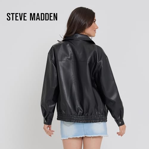 Steve Madden Leather Jacket Women – Faux Leather Oversized Bomber Jacket Women, Plus Size Motorcycle Jackets, Black, X-Large
