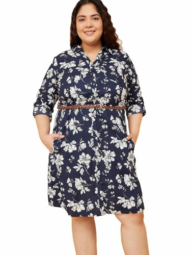 Max Women Floral Print Shirt Dress with Belt (Blue_6XL)