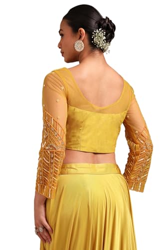 Soch Womens Yellow Nylon Blend Solid Ready To Wear Saree With Beads And Stones