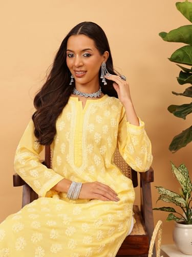 Ada Hand Embroidered Lucknowi Chikankari Yellow Cotton Kurta Kurti for Women A411711 (L)