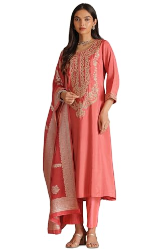 Soch Womens Pink Muslin Embroidered Suit Set With Zari