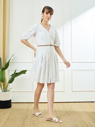 Latin Quarters Women's White Half Sleeves V-Neck Casual Embroidery Dress_S