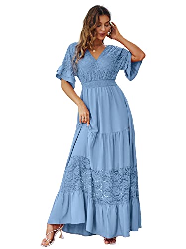 Simplee Women V Neck Formal Lace Maxi Dress Ruffle Flowy Short Sleeve Boho Wedding Guest Party Summer Long Dress, Lace_blue, Medium