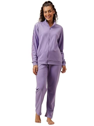 Clovia Women's Graphic Print Terry Cotton Jacket & Pyjama Set (LSW787P12_Lilac_3XL)