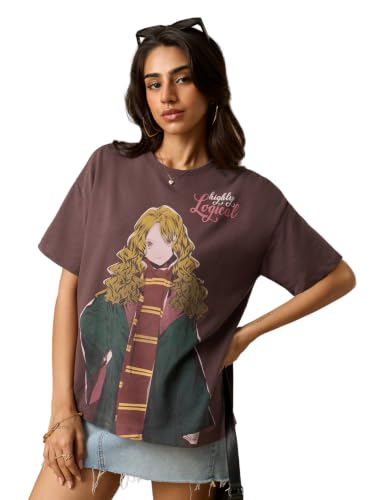 The Souled Store Harry Potter: Highly Logical Women and Girls Short Sleeves Round Neck Purple Graphic Printed Cotton Oversized Fit Breathable Everyday T-Shirts