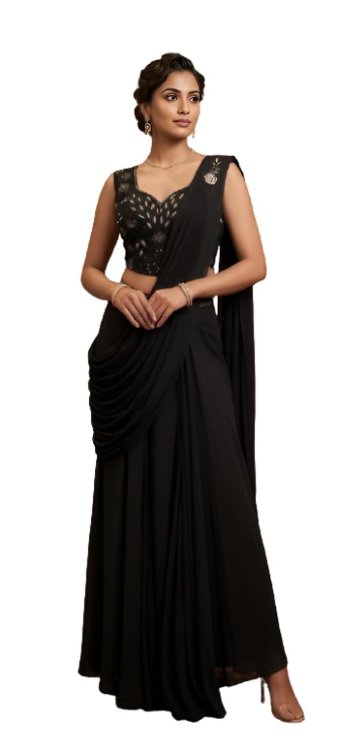 Black Pre-Draped Saree Gown with Embroidered Blouse, Ready to Wear, Ethnic Wear for Women