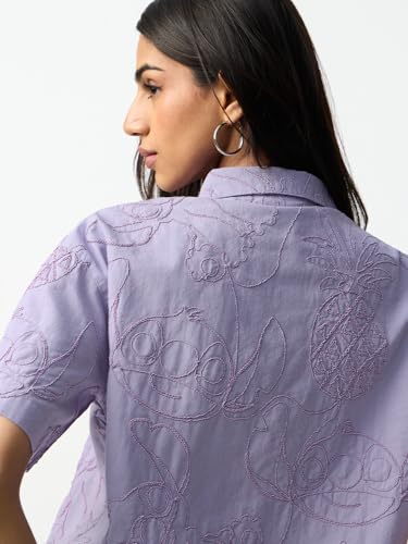 The Souled Store Lilo & Stitch: Naughty Stitch Women and Girls Short Sleeves Collared Lavender Embroidered Cotton Linen Oversized Fit Lightweight All-Season Shirt