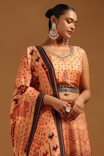 Soch Womens Peach Russian Silk Floral Print Lehenga Choli With Mirror Work